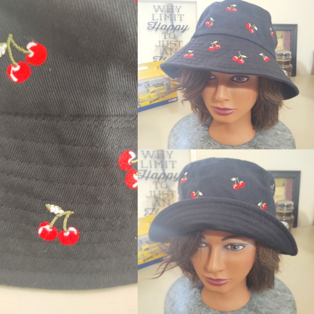 Black & Cherry Embroidered Bucket Hat
